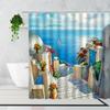 Scenery Shower Curtain Greece Seaside City Blue House Printed Fabric Bath Curtain Home Bath Decoration Bathtub Screen With Hooks
