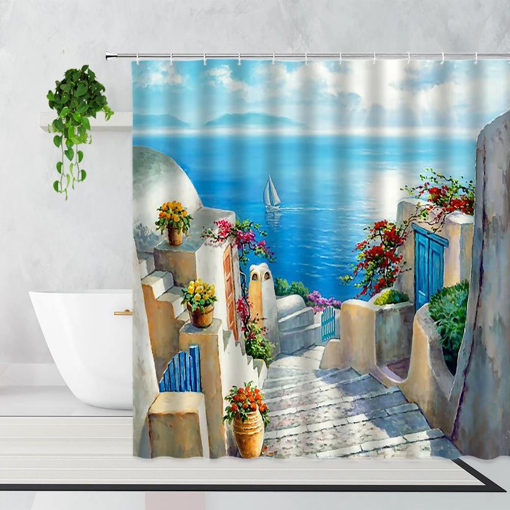 Scenery Shower Curtain Greece Seaside City Blue House Printed Fabric Bath Curtain Home Bath Decoration Bathtub Screen With Hooks
