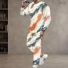 Men Plus Size Blue Printed Round Neck Long Sleeve Two Piece Cuffed Pants Set