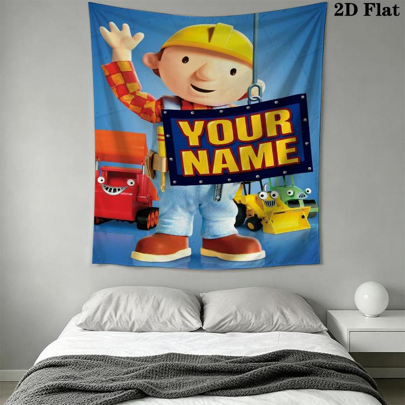 Custom Name Bob The Builder Wall Tapestry Aesthetic Wall Hanging Printed Fabric Blanket Decorative Tapestries for Bedroom Living Room Home Decor
