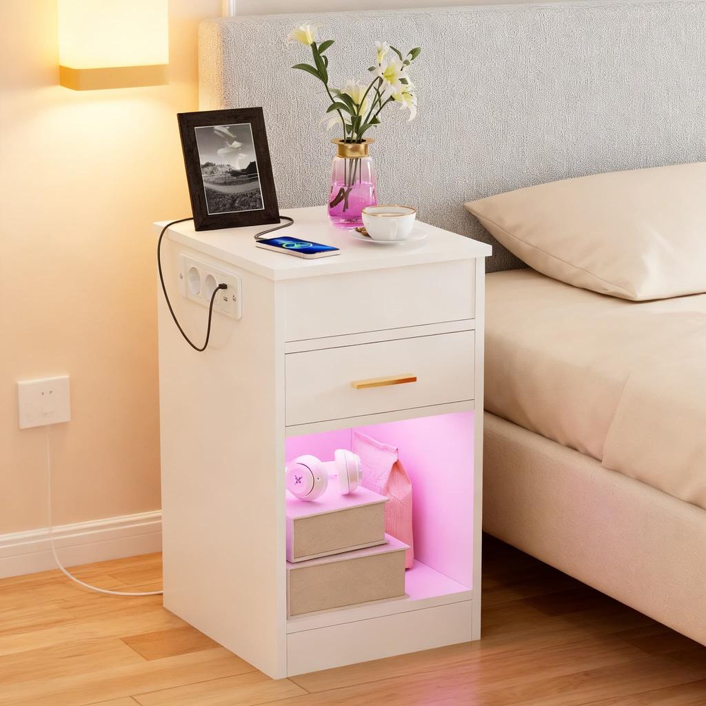 Bedside Nightstand Featuring Technology and Integrated LED Lights Charging Station Ports for Modern Homes Table De Chevet