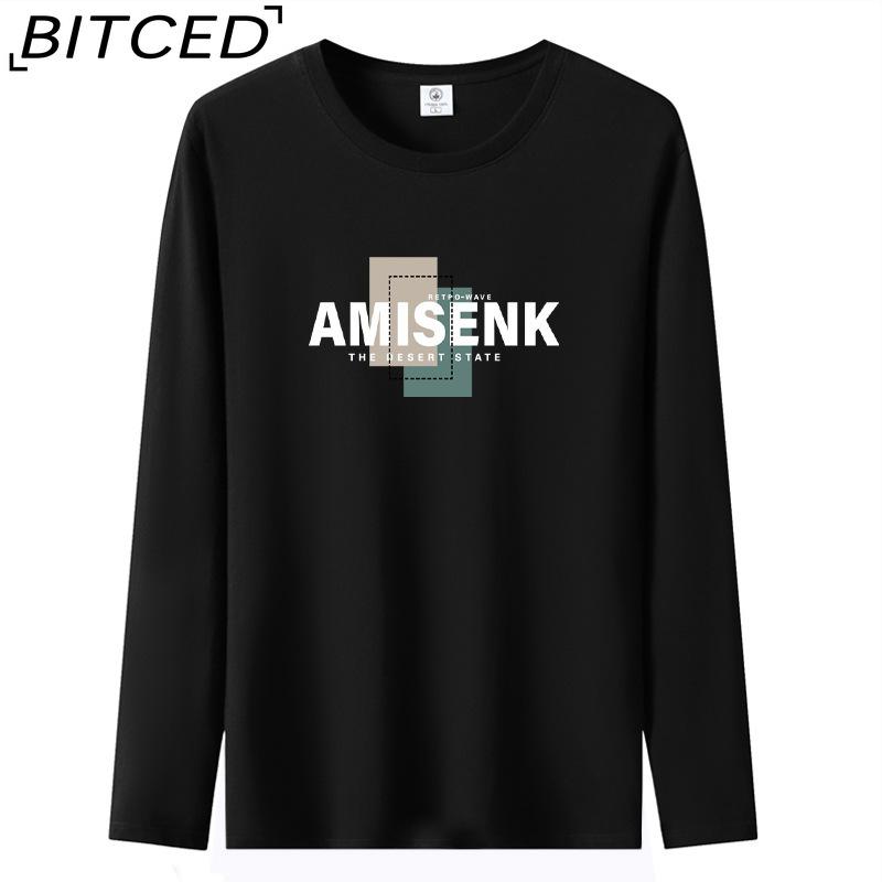 BITCED Мужская футболка с длинными рукавами, облегающая, весна-осень, универсальная рубашка с круглым вырезом