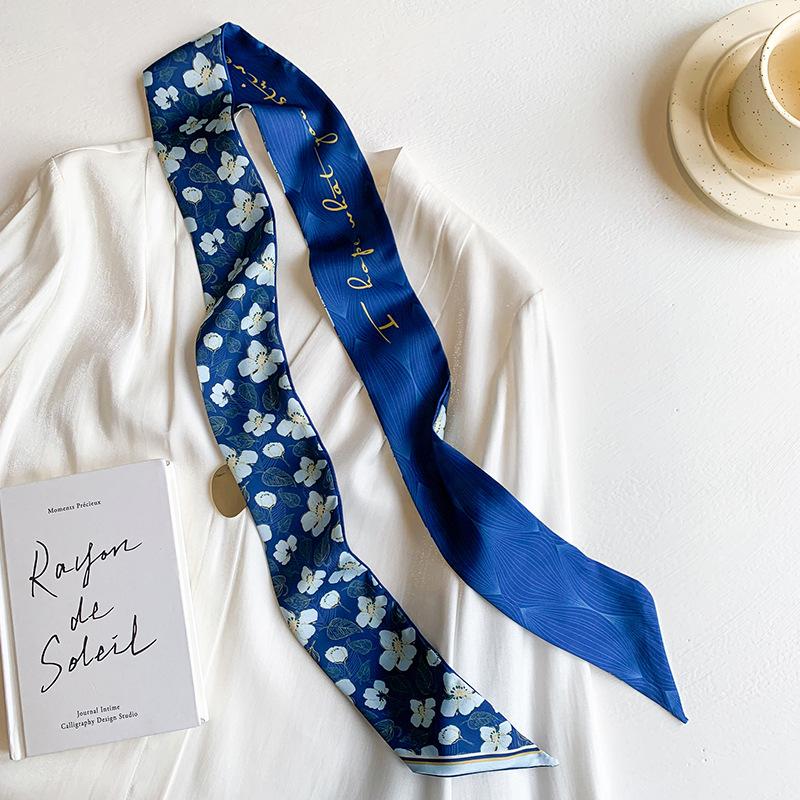 

Шелковый шарф с принтом, женский длинный ободок для волос, офисный женский маленький шарф тёмно-синий