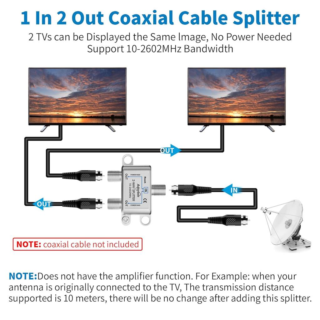 Adoreen 2-Way Coaxial Cable Splitter, 10-2602MHz Mini Bi-Directional Digital Signal RG6/RG59 Coax Indoor&Outdoor for CATV, Satellite, Antenna, MoCA,