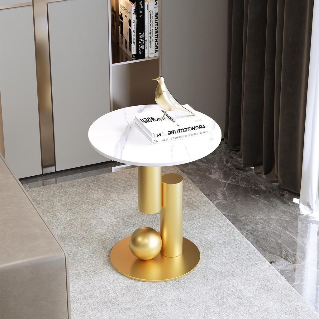 Cream-Style Sintered Stone Side Table: Minimalist Round Coffee Table for Living Room or Bedside, Light Luxury Feel.