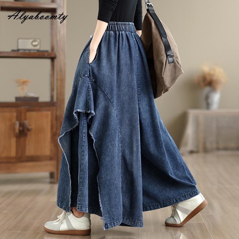 Plus Size Spring Summer Women Wide Leg Jeans High Waist Drawstring Oversized Baggy Denim Culottes Pants Patchwork Stylish Ladies' Trousers