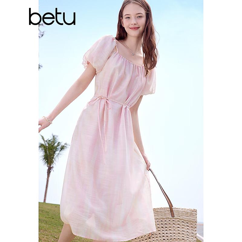 Betu Women s Pink Puff Sleeve Vacation Dress L