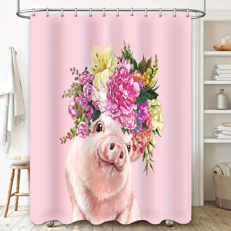 Cute Pig Shower Curtain Farmhouse Bathroom Decor Floral Animal Pattern Waterproof Fabric Washable Liner