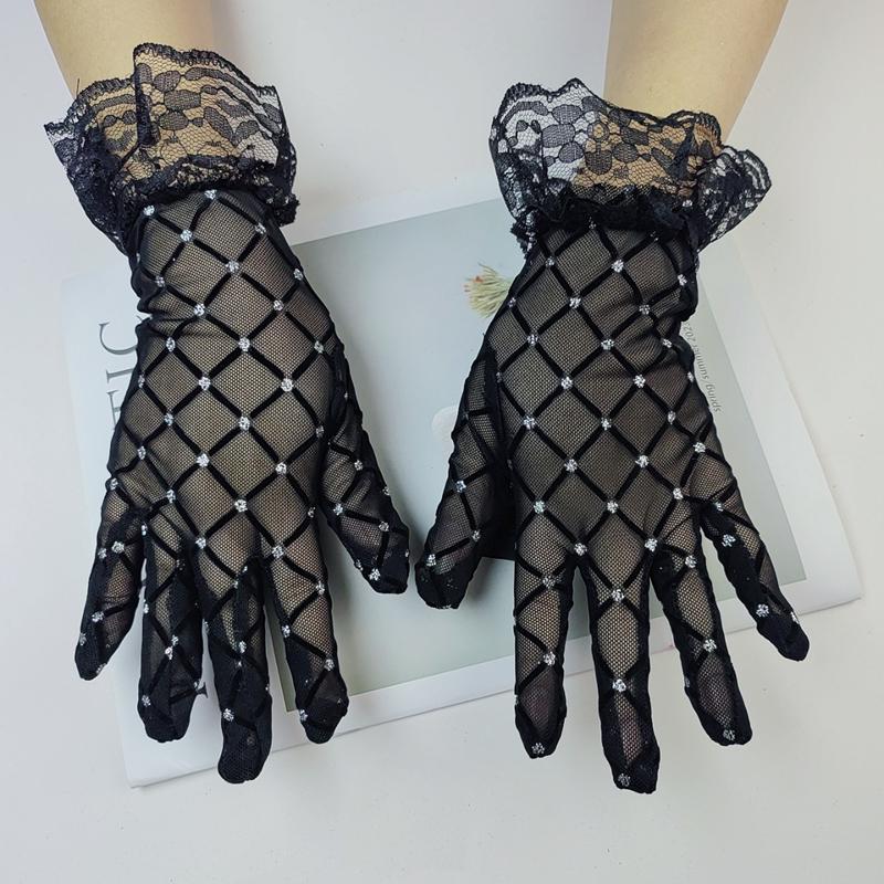 Sexy Lace Rhinestone Gloves Halloween Black Mesh Elegant Short Women Gloves Shiny Diamond Mittens Costume For Bridal