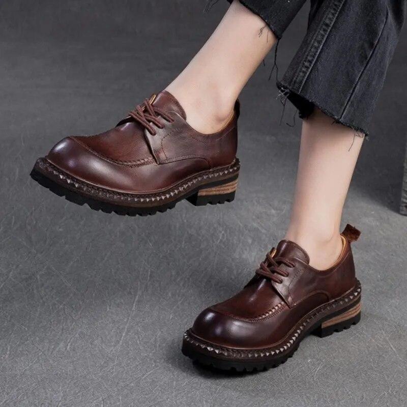 

Johnature, французские туфли-лодочки в стиле ретро на шнуровке с круглым носком, модные лоферы на толстой подошве, женская обувь из конской кожи