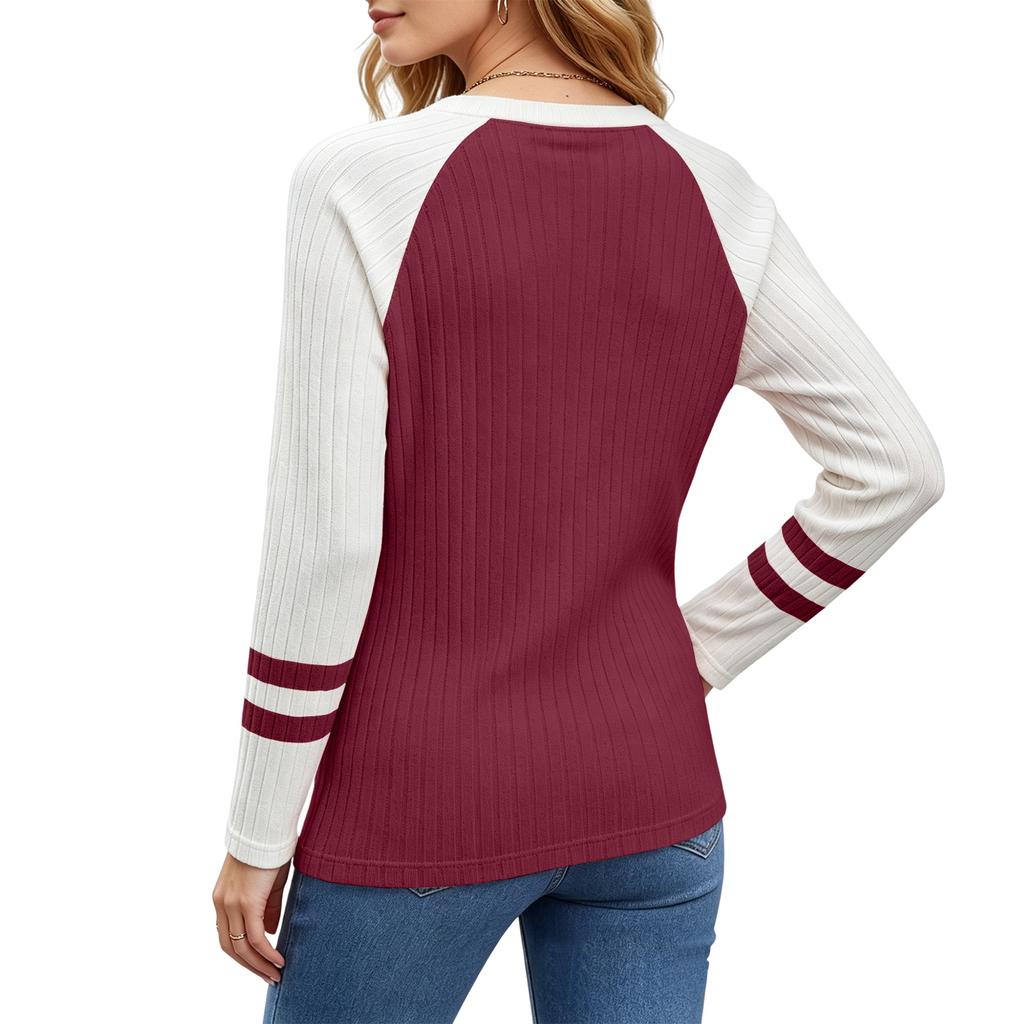 Women's Color Block Round Neck Long Sleeve Knit Top for Casual Daily Wear