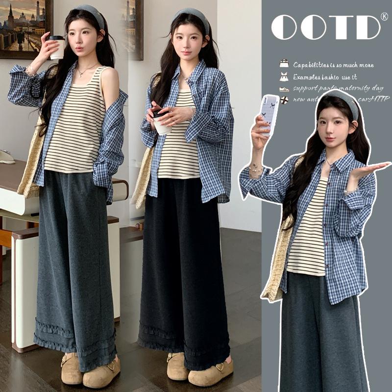 Spring 2026 Maternity Fashion: Plaid Shirt, Striped Vest & Wide-Leg Pants Set