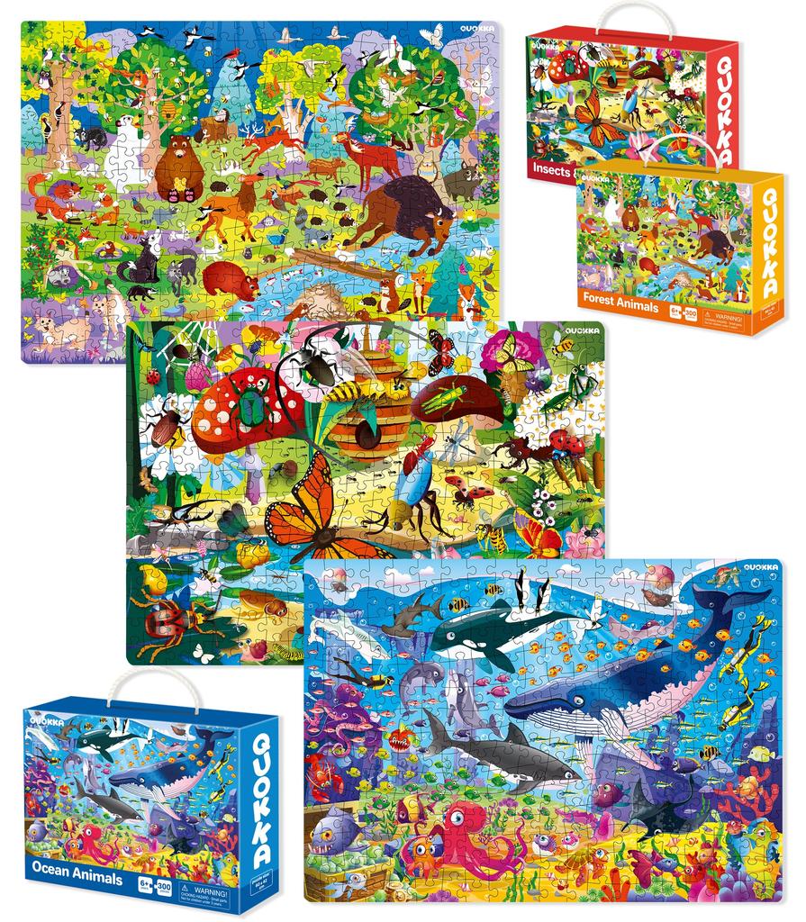 QUOKKA 300 Piece Puzzle for Kids Ages 8-10 - Set of 3 Floor Jigsaw Puzzles - Ages 10-12 Sea Creatures, Forests, Insects Learning Toys - Educational