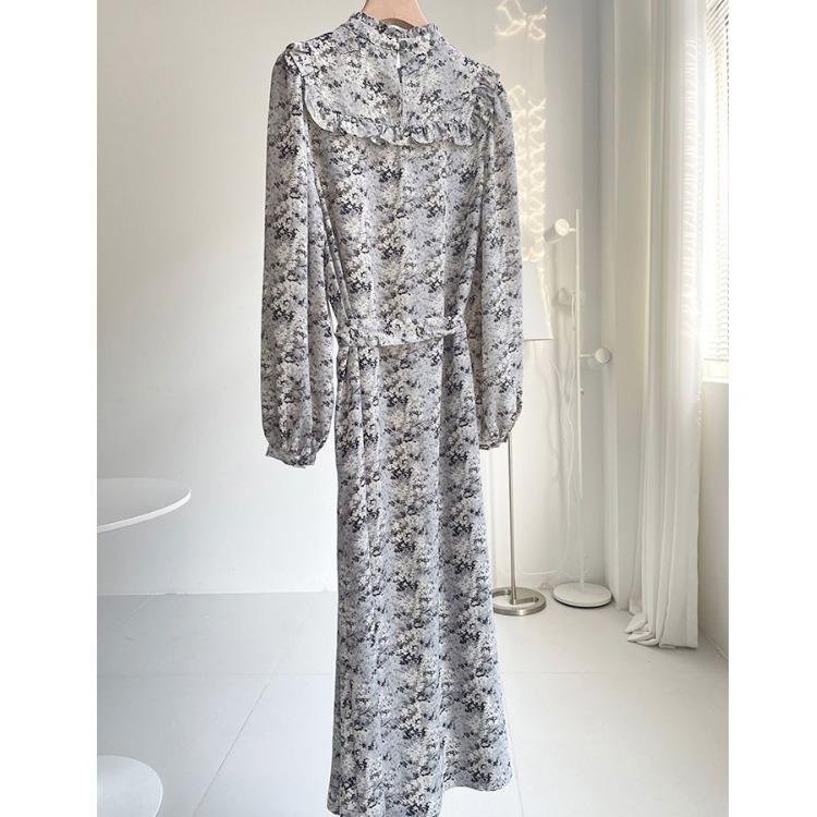 Fashionable Ink Painting Bubble Sleeve Maxi Dress for Women Spring