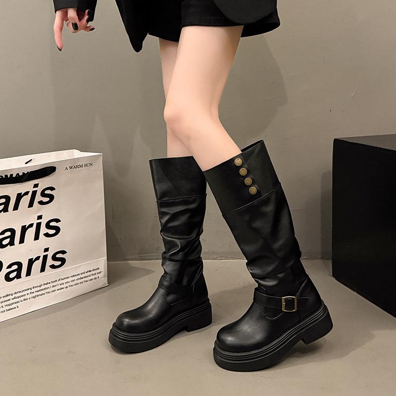Black retro British style thick-soled long boots for women's spring and autumn new models to increase height and show thinness