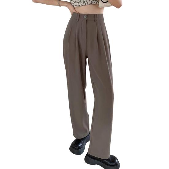 Women Suit Pants Button Zipper Fly High Waist Long Trousers Solid Color Straight Wide Leg Office Lady Pants