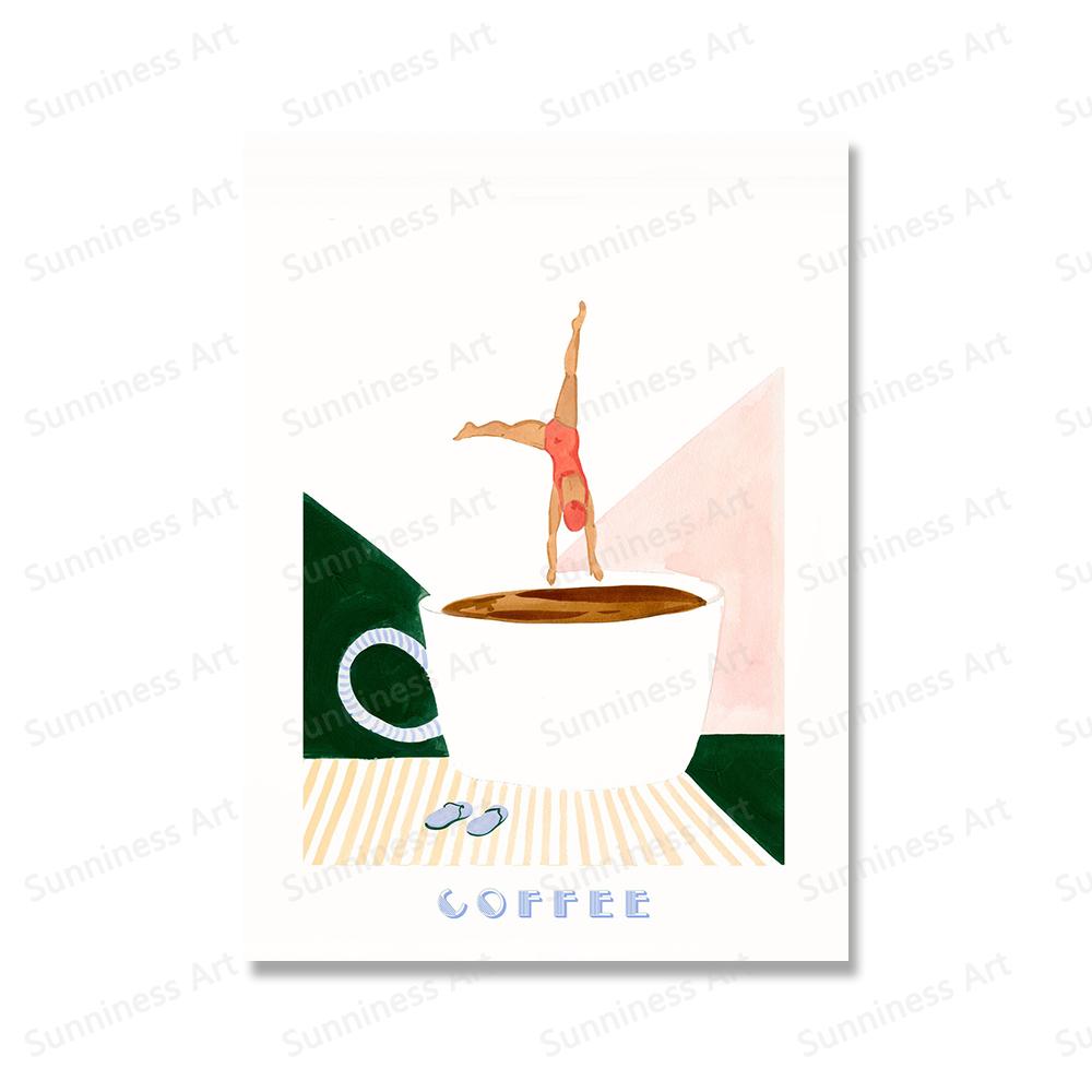 Kaffeplakat Lerretsmaleri God Morgen Kaffe Svømmer Dypdykk Trykk Moderne Nordisk Veggkunst Bilder til Kjøkken Hjemmedekor