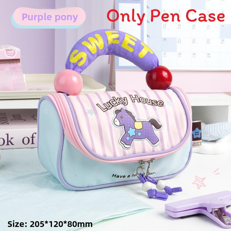 Kids Pony Pencil Case With Multiple Compartments Oxford Fabric For School Supplies