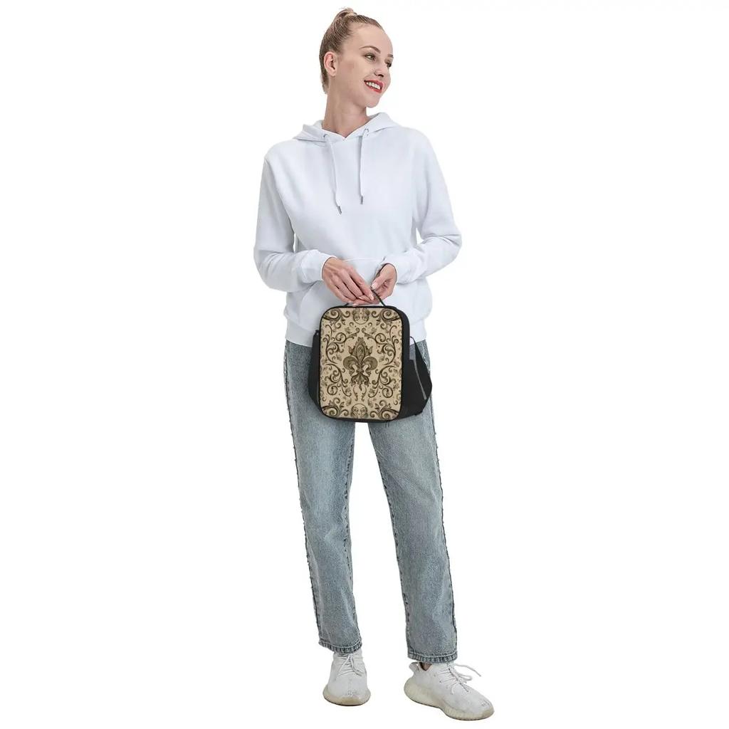 Vintage Fleur De Lis Insulated Lunch Bags for Camping Travel Lily Flower Waterproof Thermal Cooler Lunch Box Women Children