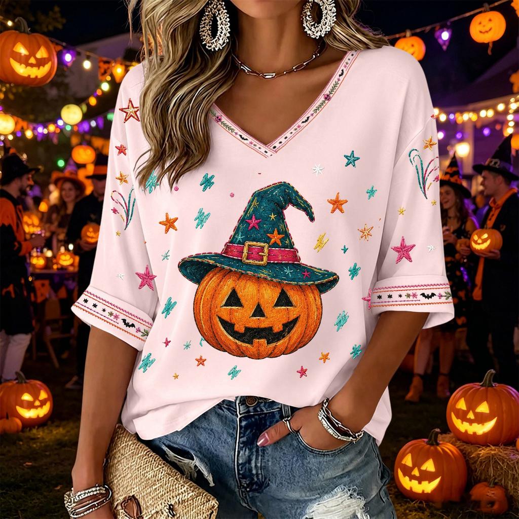 Women's V-Neck Three-Quarter Sleeve Halloween Print Blouse for Party and Costume Wear