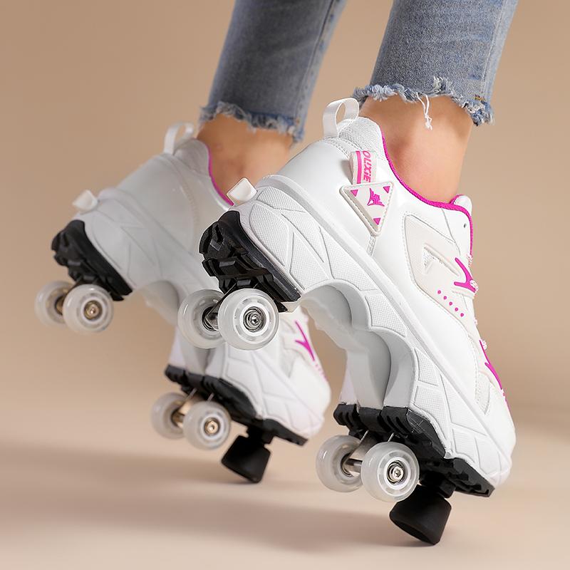 Teenagers /Boys/Girls Shapeshifting Shoes Four-wheel Dual-use Roller Skates Double Row Walking Shoes Roller Skates