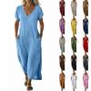 Women's Fashionable Loose-Fit V-Neck Long-Length Pocket Casual Dress