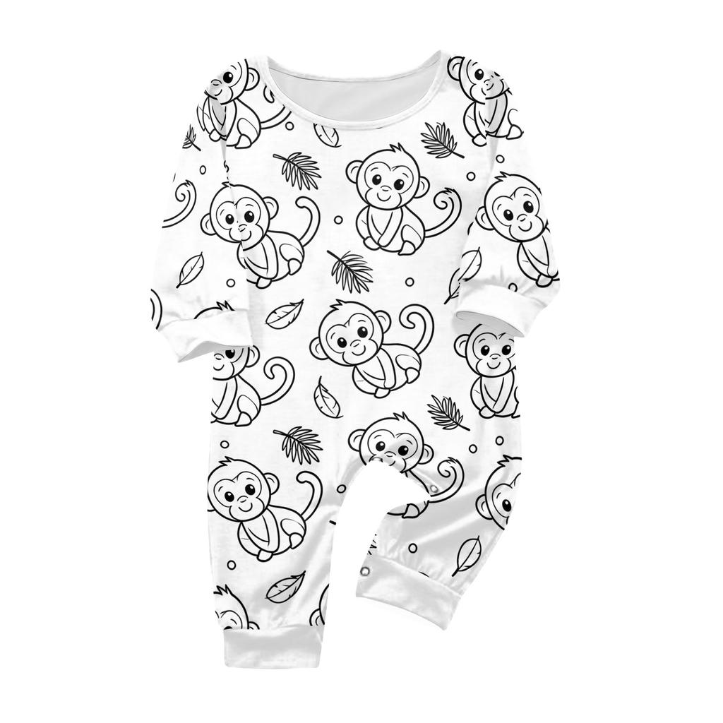 Family Matching Loungewear Set with Doodle Print, Long Sleeve Neck Top and Pants for Spring and Fall