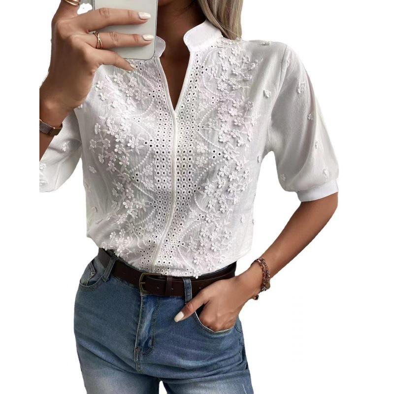 2023 Summer Women's Embroidered Stand-up Collar Top with Hollow-out Design and 5-Point Sleeves