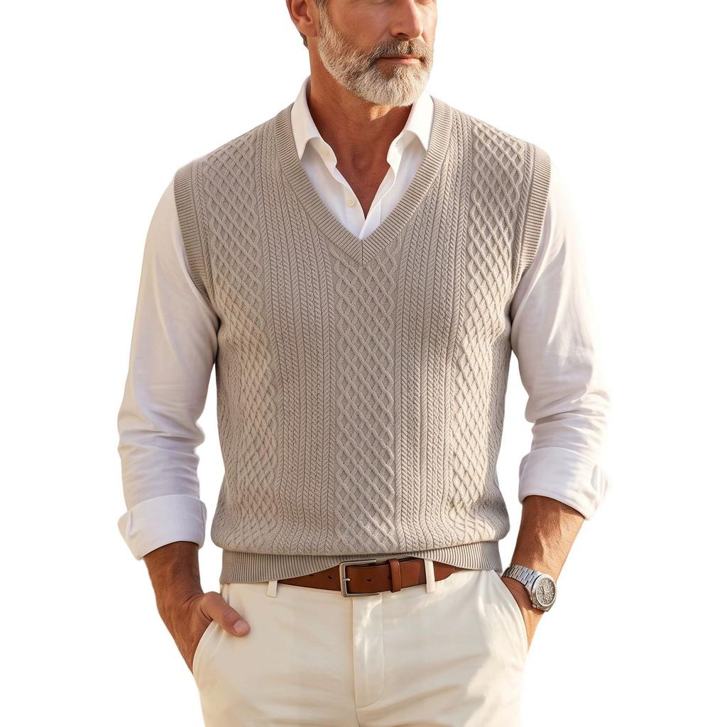 Gilet in Maglia a Treccia con Scollo a V da Uomo Senza Maniche Gilet in Maglia Casual Business Gilet per Uomo