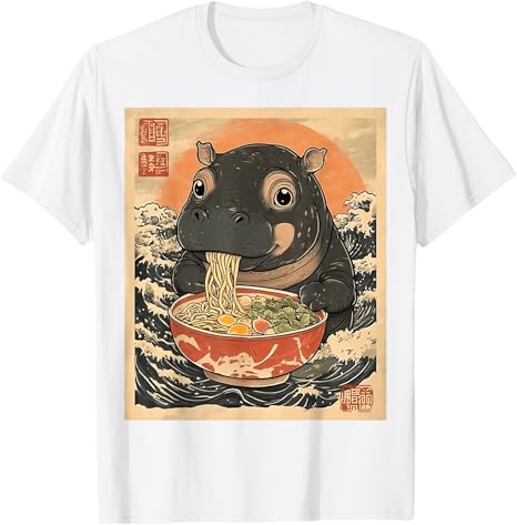 2026 Hot Sale Moo Deng Hippo Eat Ramen for Japanese Style T-Shirt Cute Cartoon Moo Deng Art Graphic Saying Tee Fashion Casual Short Sleeve Tops Gift