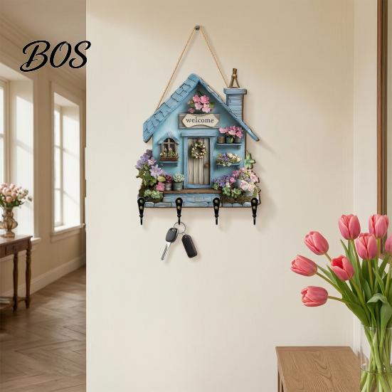Durable Key Hook Wooden Fairy House Hanging Sign, Cottage Holder Wall Decor with 4 Entryway Storage Hooks, Vintage Flower Rack for Hallway Kitchen