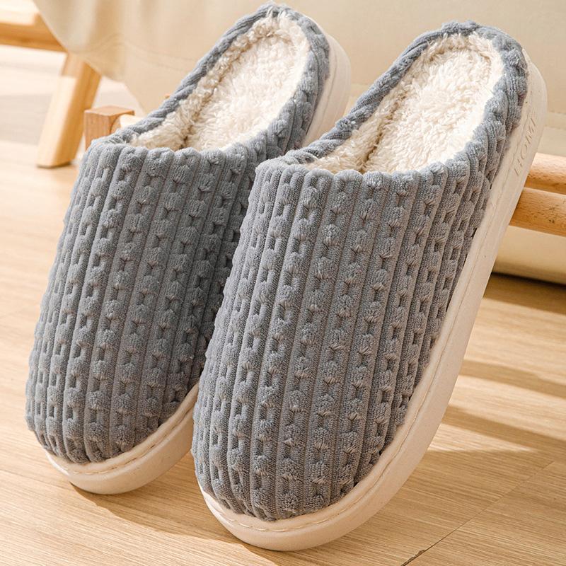 Plaid Cotton Slippers Men's Winter New Velvet Warm Inner Cotton Drag Couple Cotton Shoes Non-slip Silent Wool Slippers