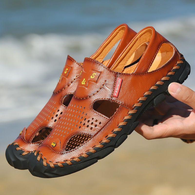 Fashion 2025 Men Genuine Leather Shoes Men's Sandals Durable Handmade Stitching Close Toe Non Slip Shoes For Indoor Outdoor Beach