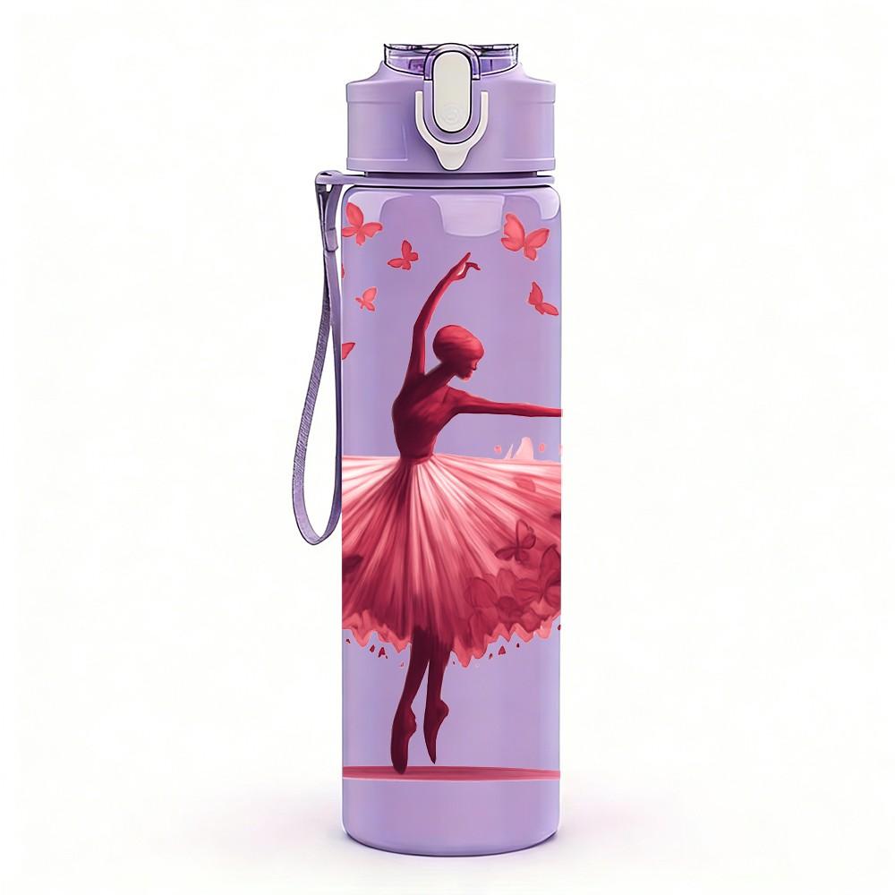 1PC Ballerina Dancer Heart Flower Print 750ml Color Plastic Sports Water Bottle Leakproof Flip Straw Lid Suitable for Sports Office Home Use