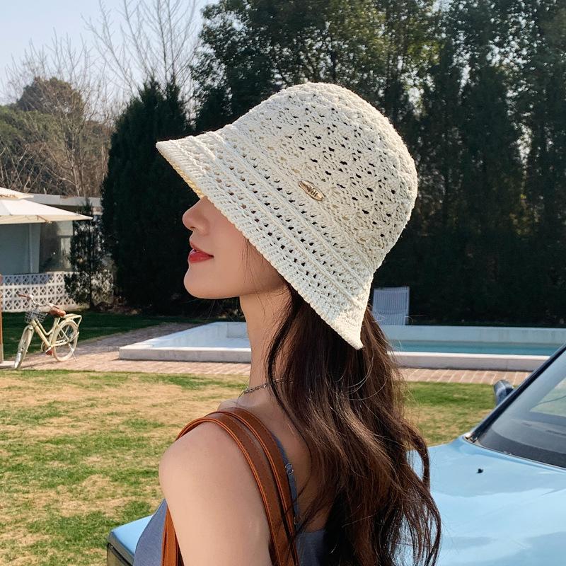 Hat Women'S Knitted Basin Hat Summer Sunscreen Visor Hat Hollowed Out And Breathable, Split Fork Bucket Hat Fashionable And Small Face