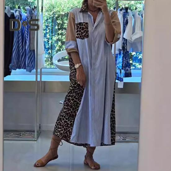 Lady Shirt Dress Leopard Print Patchwork Turn-down Collar Contrast Color Single-breasted Loose A-line with Chest Pockets Spring Fall Midi Dress