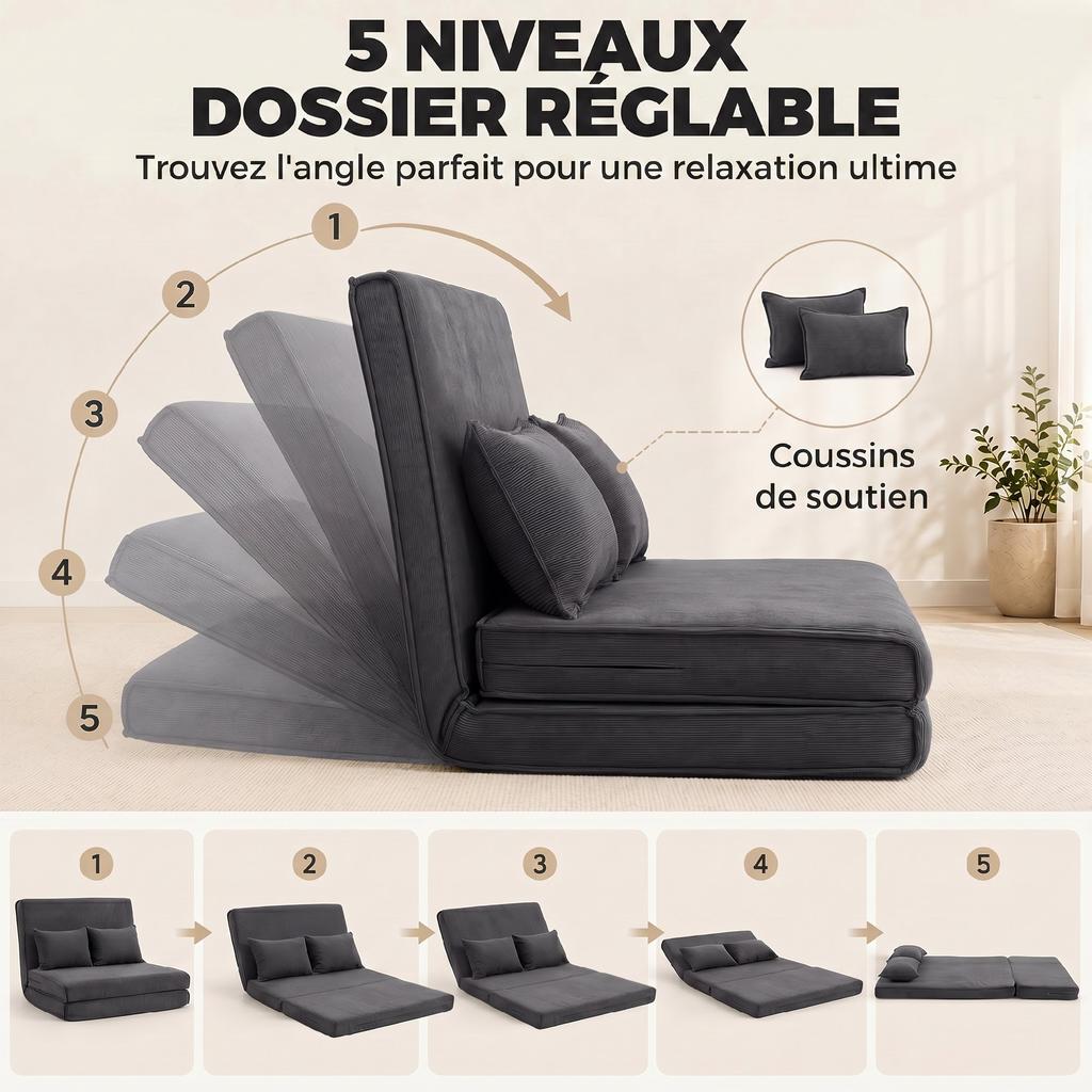 Folding Sofa Bed, 2-Seater Convertible Armchair, Corduroy, Adjustable Backrest, 2 Pillows, Grey