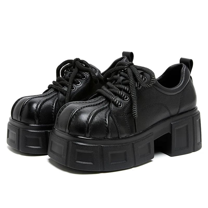 Fashion 7CM New Spring Autumn Women Retro Platform Big Toe Genuine Cow Leather Lace-Up British Style Thick High Heel Casual Single Shoes