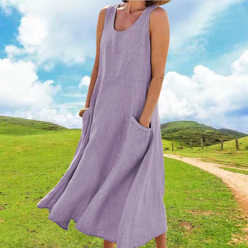 Vestido Maxi Feminino de Linho com Gola U, Sem Mangas e com Bolsos
