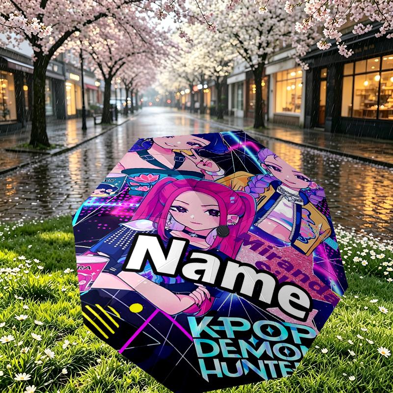 Custom Name Personalized KPop Demon Hunters Print Umbrella, Auto Open Close, 8‑Rib Sturdy Frame, Commute Camping Hiking Use, Birthday Gift