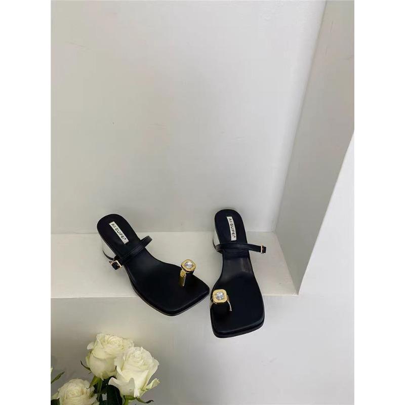 High-heeled thick-heeled slippers one-word sandals women s fashion new summer wear retro temperament versatile women s shoes 35