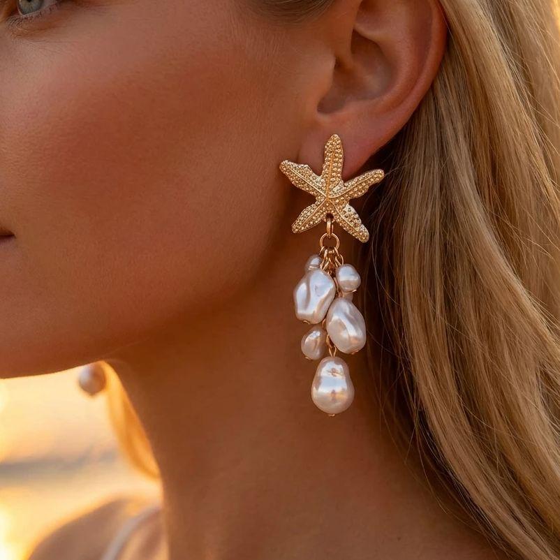 Ocean Style Metal Starfish Shell Pearl Dangle Earrings For Women Gold Color Imitation Pearl Tassel Long Earring Beach Jewelry