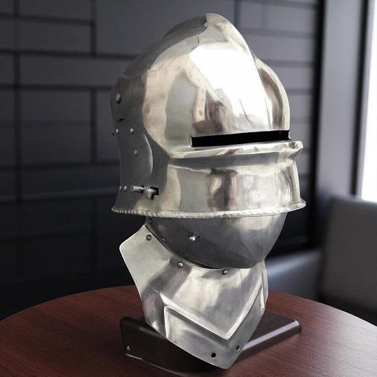 Gothic Sallet Helmet 18ga Steel Bevor, LARP Knight Armor