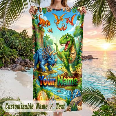 Dinosaur Theme Beach Towel Personalized Custom Name & Text Soft Quick Dry Beach Towel for Swimming Travel