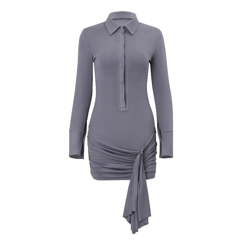 Autumn Women's Fashion Breasted Slim-fit Solid Color Long Sleeve Strap Wrap Hip Dress