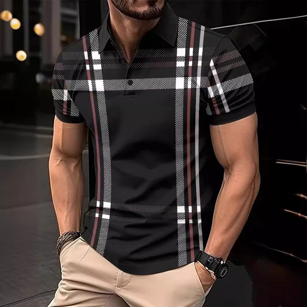 Summer Men's Printed Checkered Striped Polo Shirt Zipper Casual Sports Polo Shirt