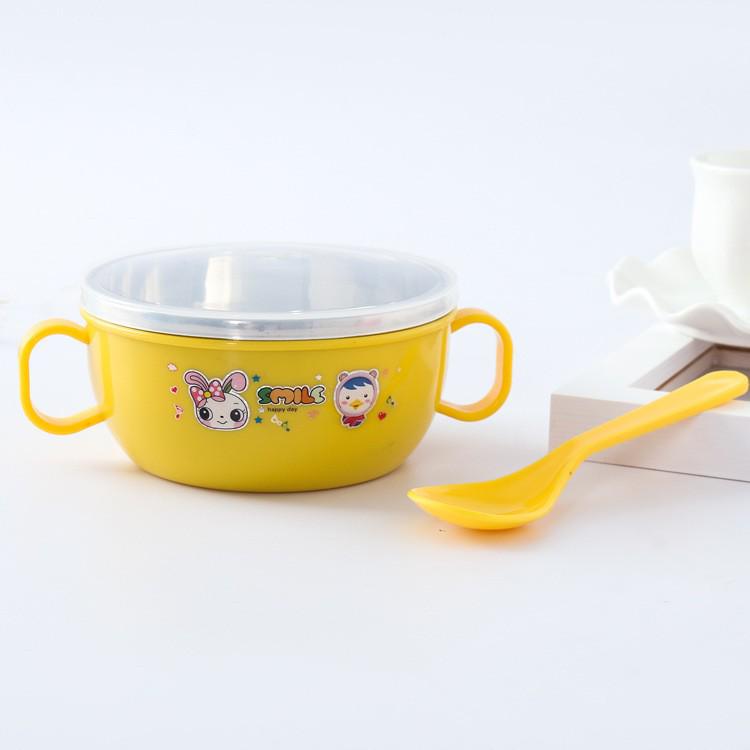 

Изолированная детская миска из нержавеющей стали с крышкой и ложкой - Мультяшный дизайн с двойными ручками