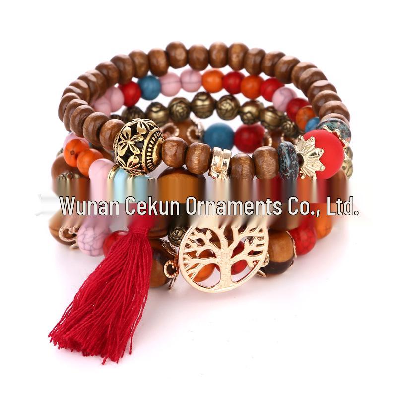 Bohemian Ethnic Multi-Layer Wooden Beaded Elastic Bracelet