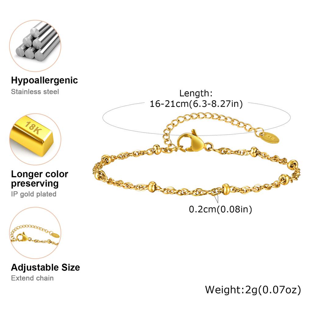 Stainless Steel Water Wave Bead Chain Bracelet for Women Gold Color Vintage Bracelets Jewelry Gifts