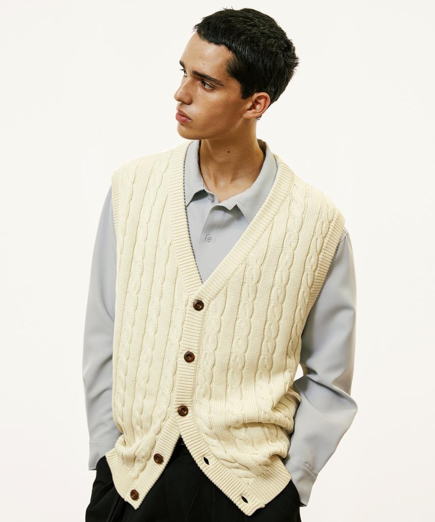SSY [Set] Sunday Cable Knit Vest & Drapery Shirt